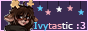 a button with a white border and purple background with an anthropomorphic deer on the left, "Ivytastic :3" in the colours of the transgender pride flag at the bottom of the button to the right of the deer and hanging stars also in the colours of the transgender pride flag at the top in the background